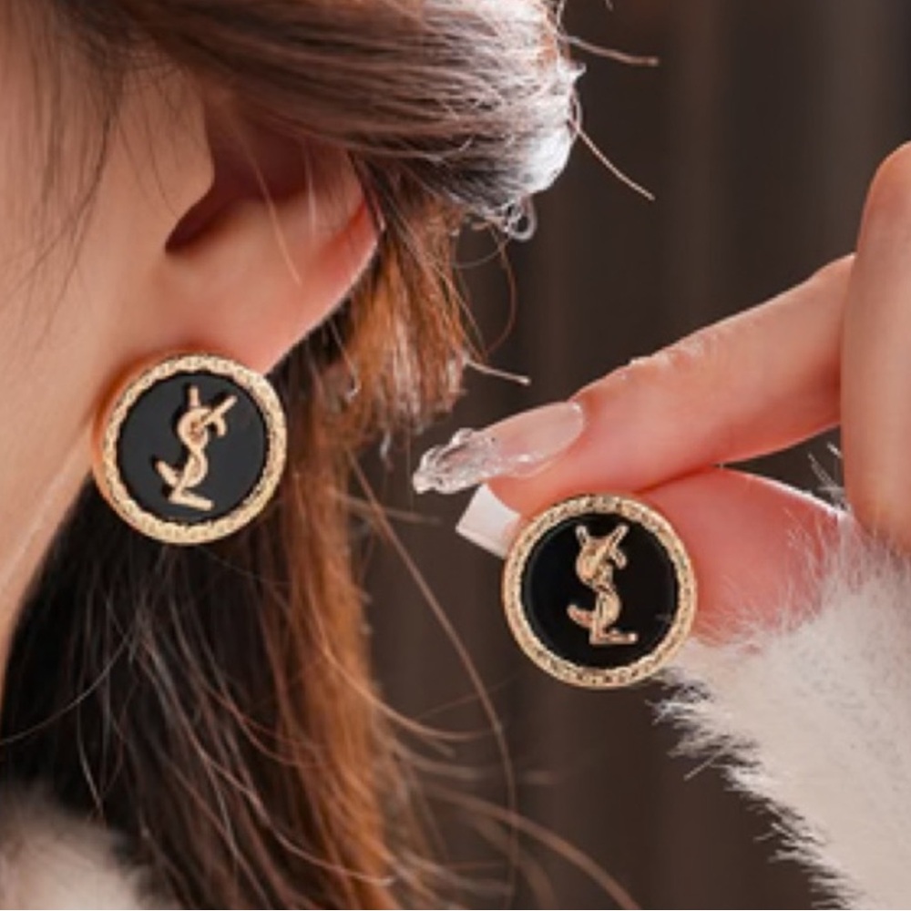 Gold and Black Round Logo Drop Earrings